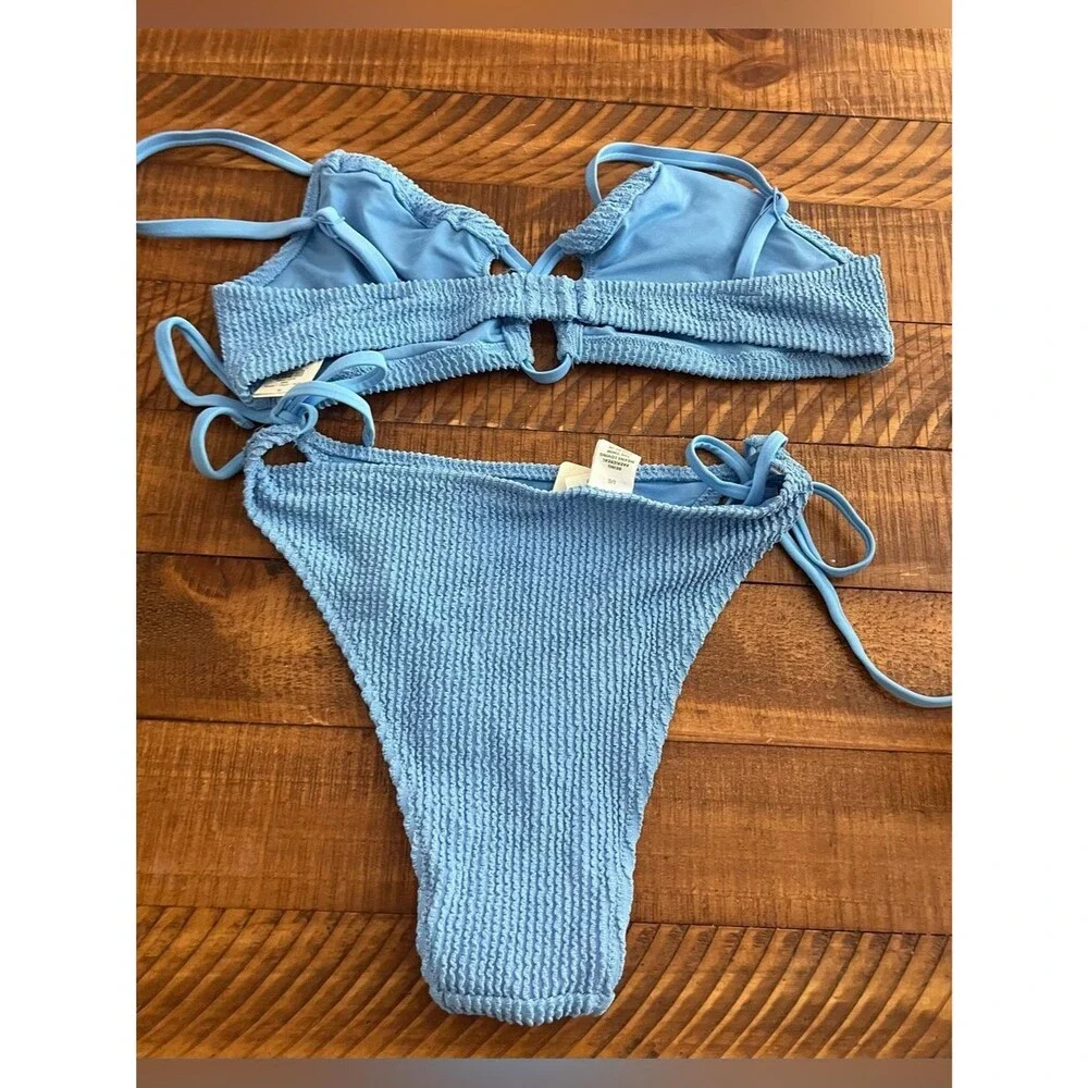 NWT Aerie FULL SET Shimmery Crinkle Lace Up Scoop Top + Tie Bottoms Blue - Sz L